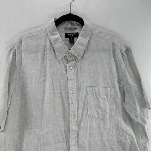 Nordstrom Trim Fit Linen Shirt Men 2XL Short Sleeve Button-Down Pocket Off-White - Picture 4 of 11